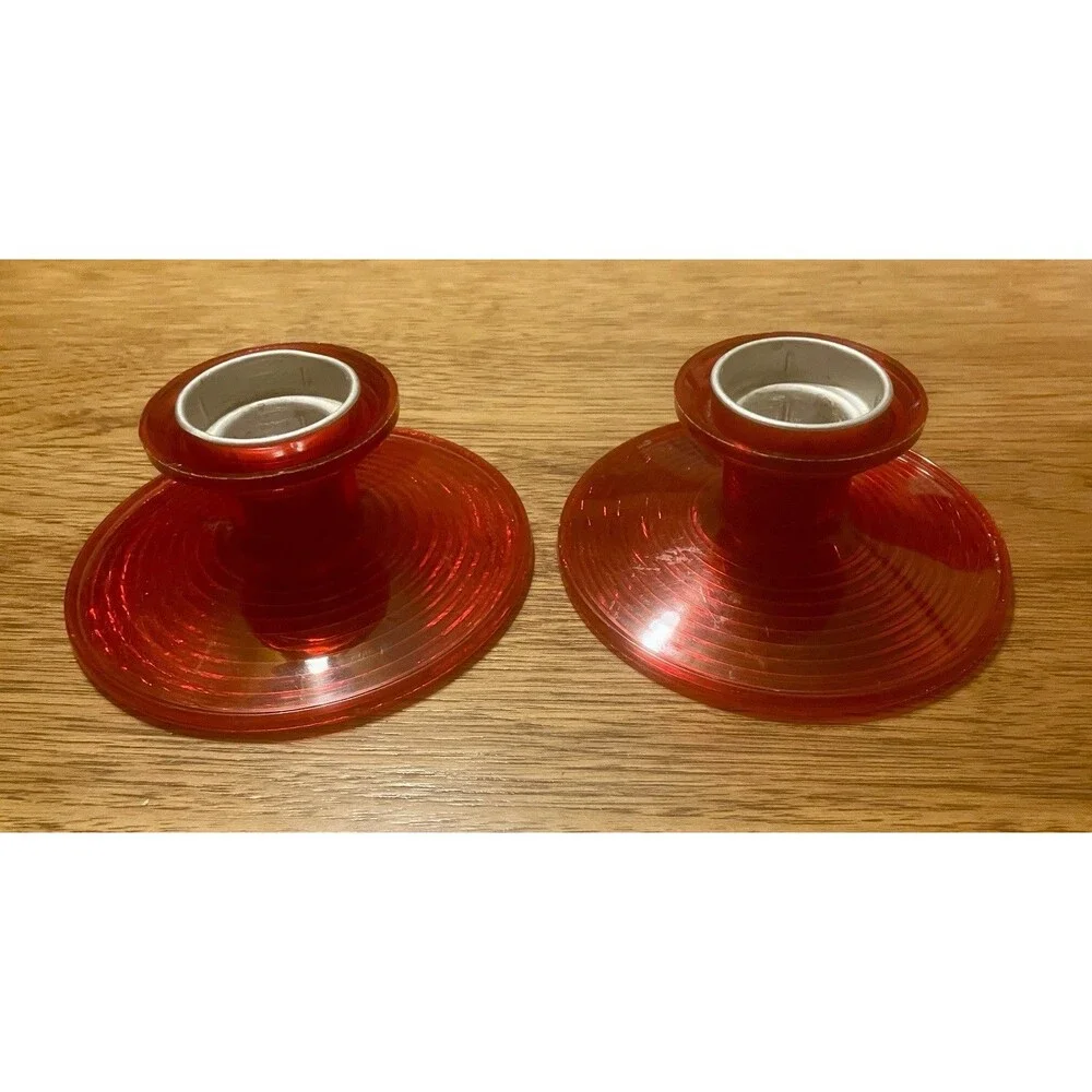 Red Vintage Fosta Candle Holders. Clear Plastic, Used. For Christmas, Valentine